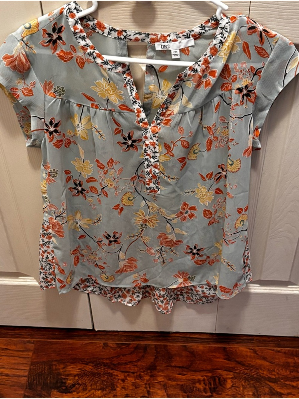 DR2 Floral V-Neck Cap Sleeve Blouse with Orange and Yellow Flowers